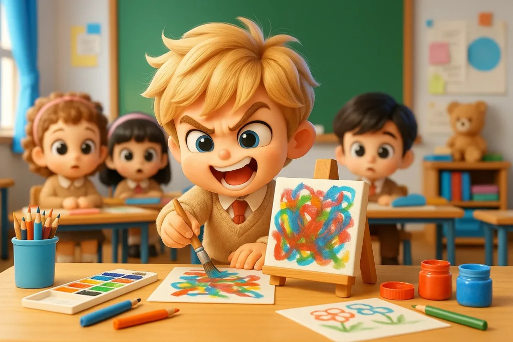 historia-infantil-sobre-paciencia-e-capricho-pintura-ricardo-e-a-pintura-apressada-1 História infantil sobre paciência e capricho – Quadro de Ricardo pintado às pressas com cores misturadas.