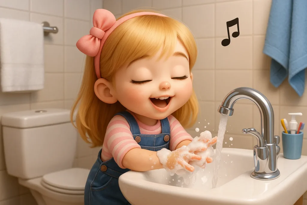 lave-bem-as-maos-historia-infantil-sobre-a-importancia-de-lavar-as-maos-4 Lina feliz lavando as mãos com sabão – história educativa sobre higiene